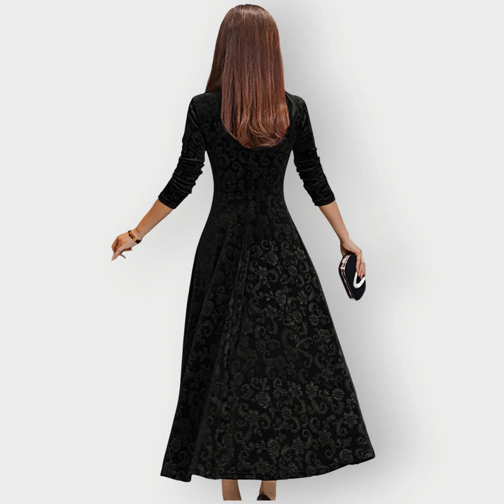 Women's Embossed Velvet Midi Dress with V-Neck