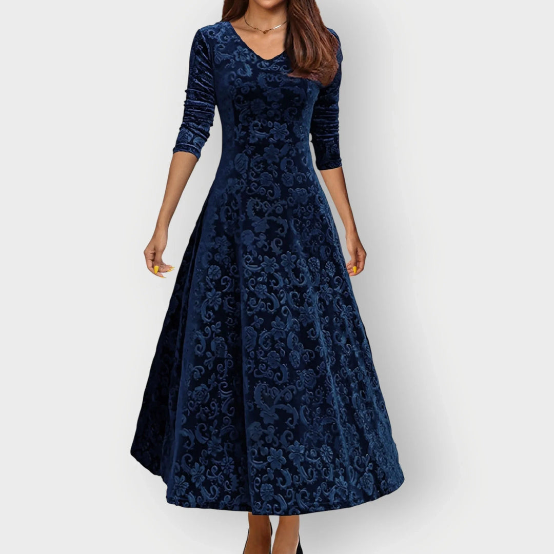 Women's Embossed Velvet Midi Dress with V-Neck - Blue