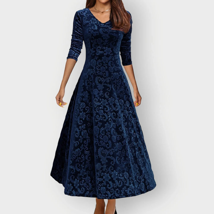 Women's Embossed Velvet Midi Dress with V-Neck - Blue