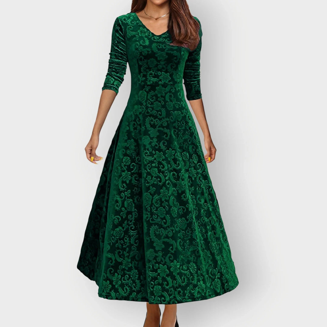 Women's Embossed Velvet Midi Dress with V-Neck - Green