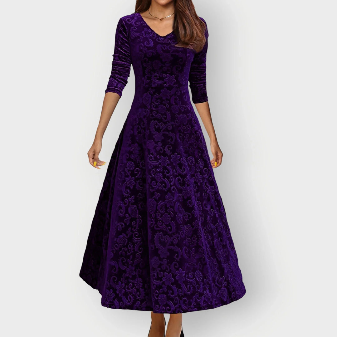 Women's Embossed Velvet Midi Dress with V-Neck - Purple
