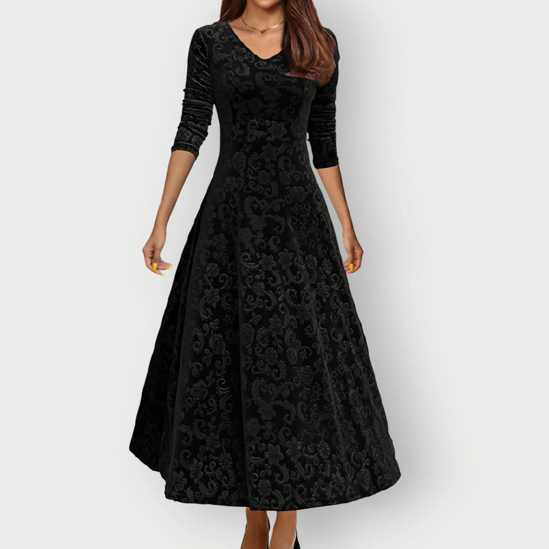 Women's Embossed Velvet Midi Dress with V-Neck - Black