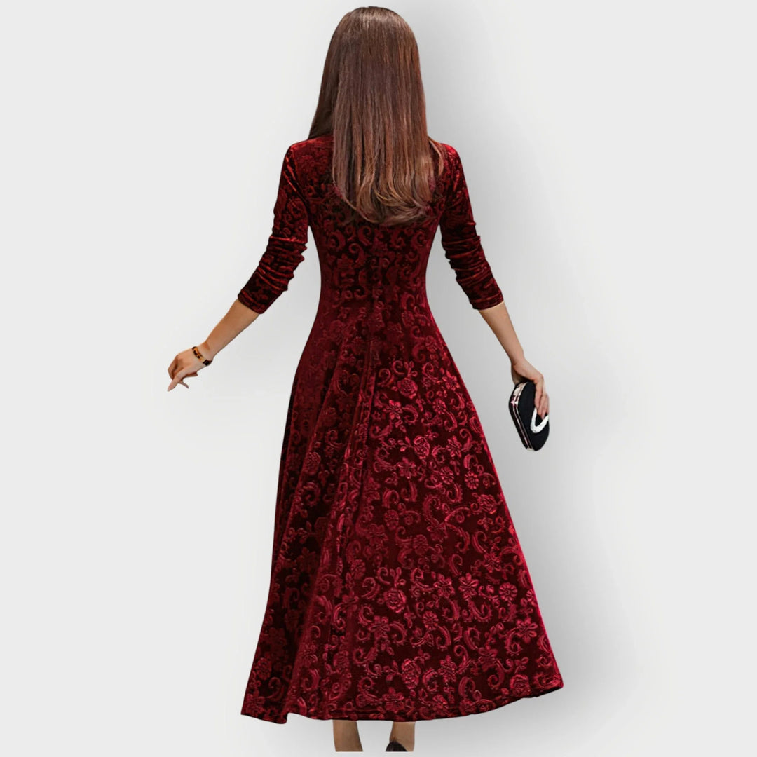 Women's Embossed Velvet Midi Dress with V-Neck