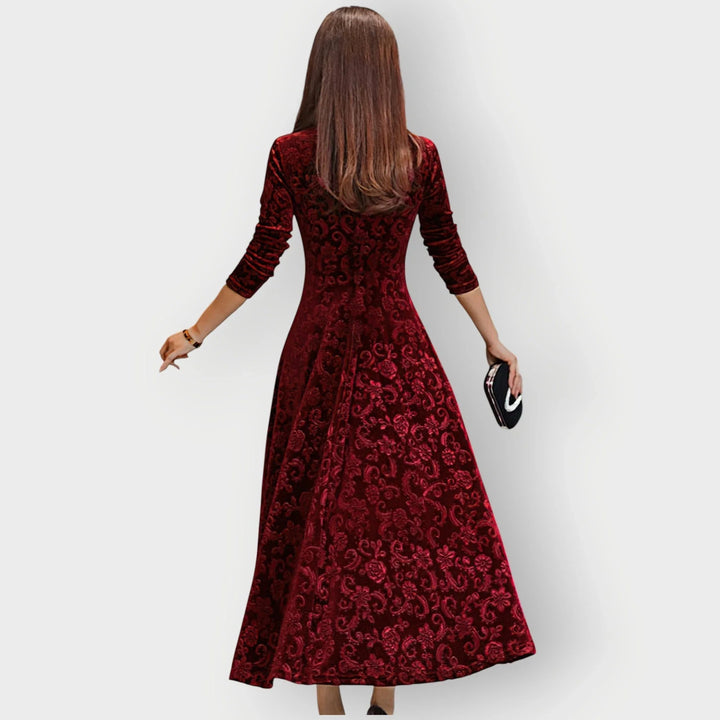 Women's Embossed Velvet Midi Dress with V-Neck