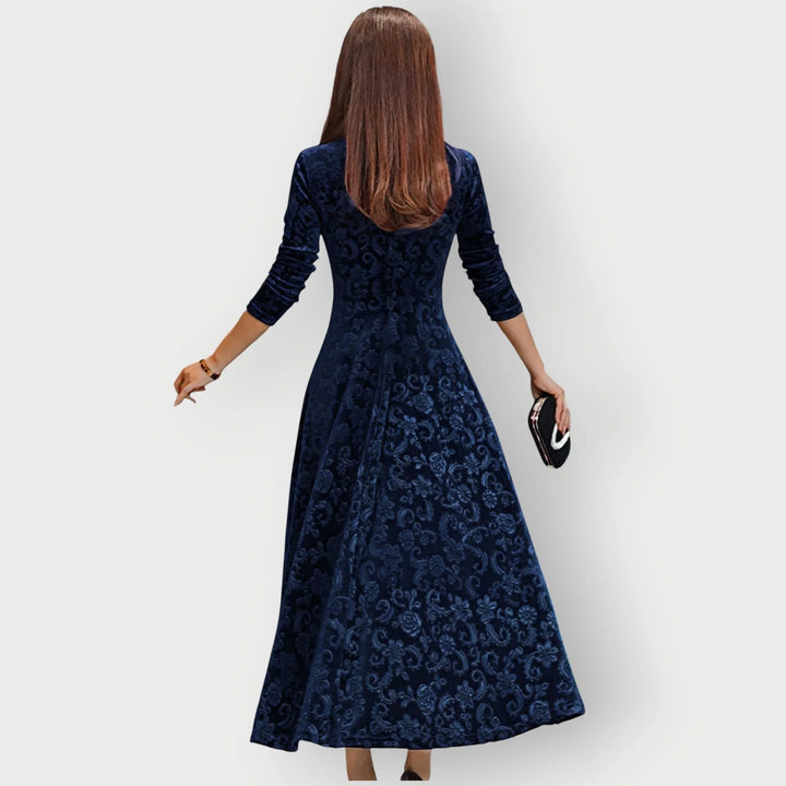 Women's Embossed Velvet Midi Dress with V-Neck