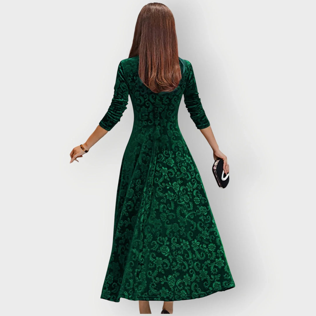 Women's Embossed Velvet Midi Dress with V-Neck