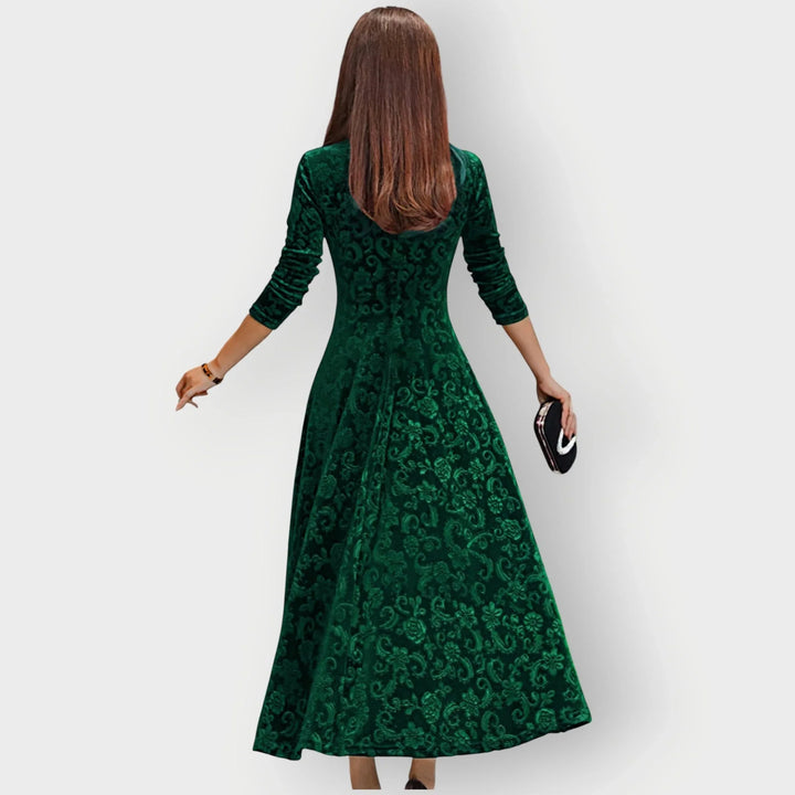 Women's Embossed Velvet Midi Dress with V-Neck