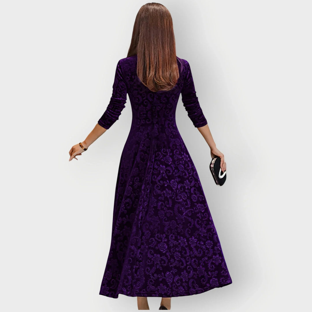 Women's Embossed Velvet Midi Dress with V-Neck