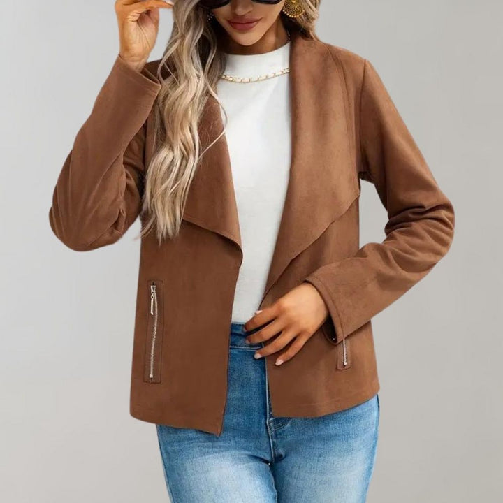 Women's Faux Suede Jacket with Wide Lapels - Coffee