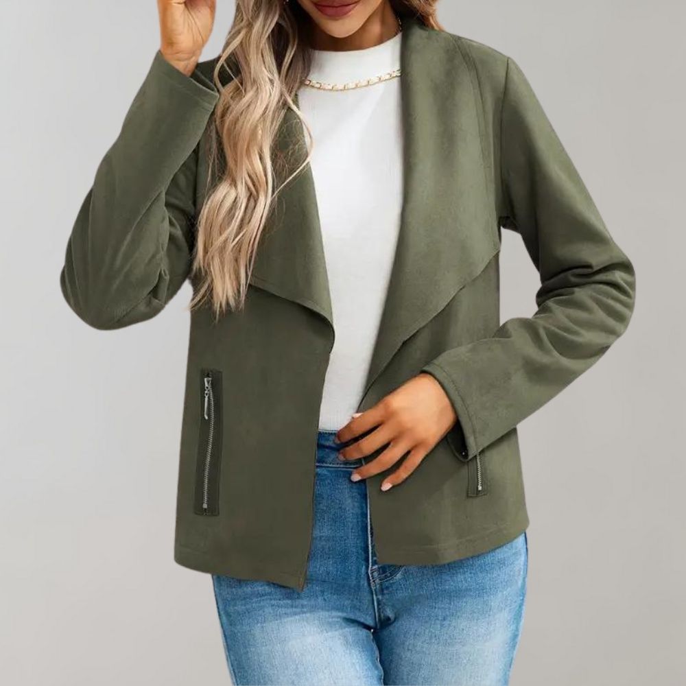 Women's Faux Suede Jacket with Wide Lapels - Olive Green