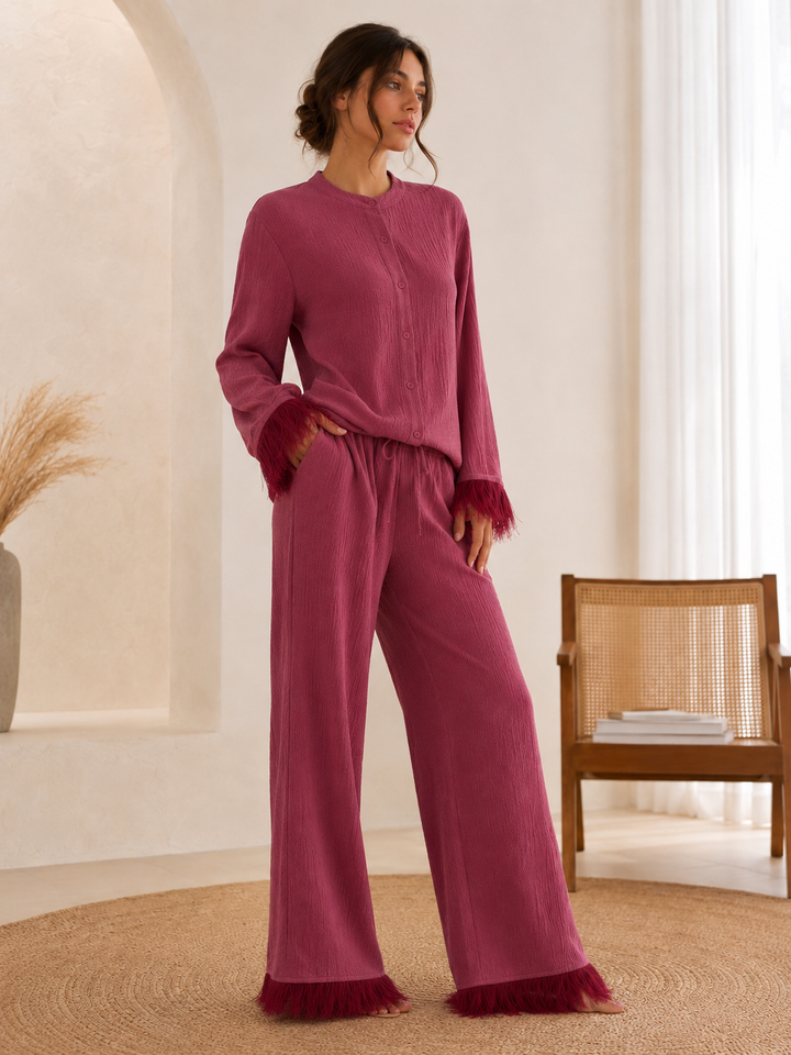 Women's Feather Trim Top and Wide Trouser Set - photo 1