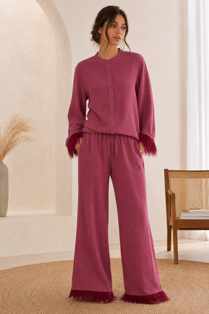 Women's Feather Trim Top and Wide Trouser Set - photo 2