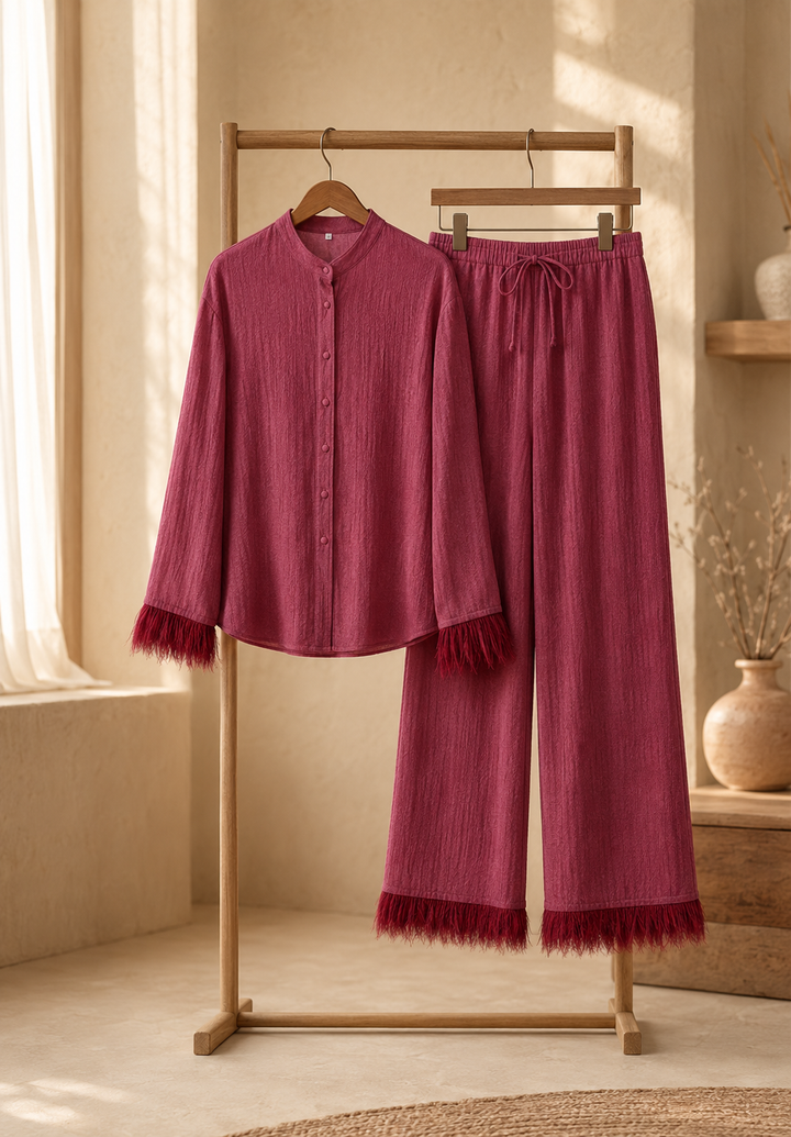 Women's Feather Trim Top and Wide Trouser Set - photo 3
