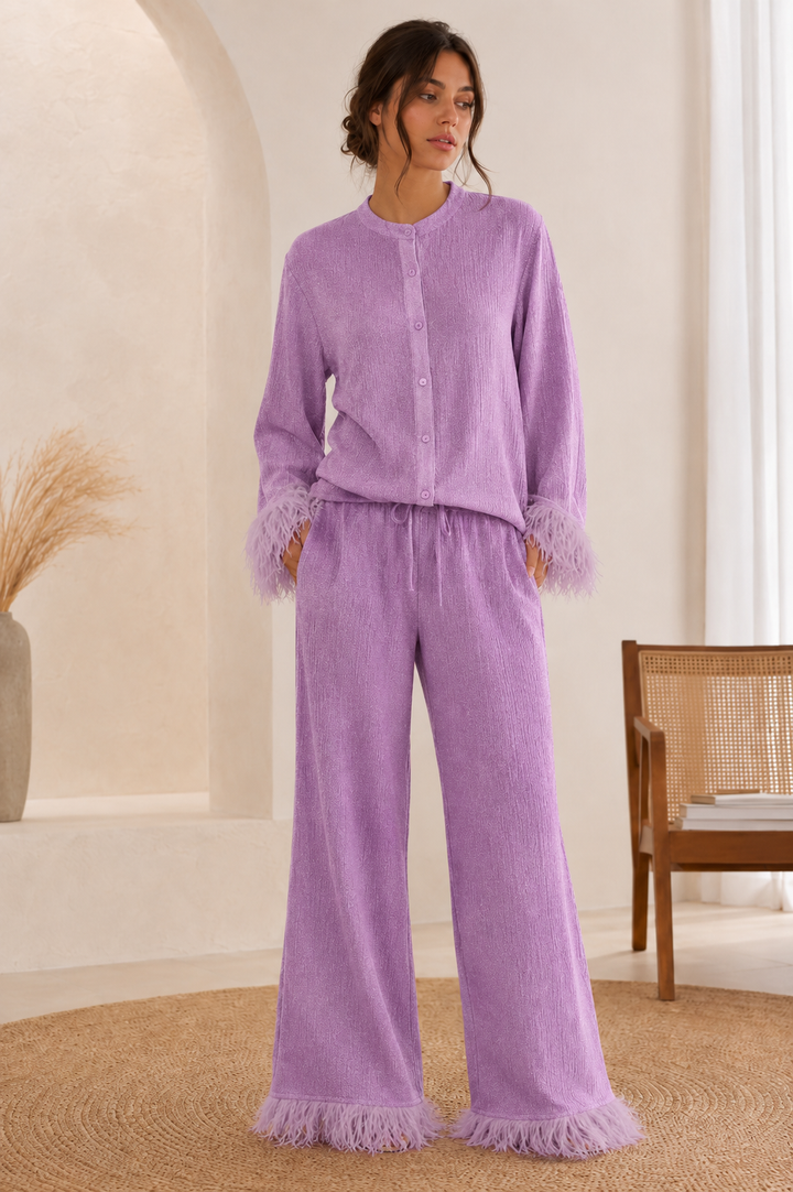 Women's Feather Trim Top and Wide Trouser Set - photo 5