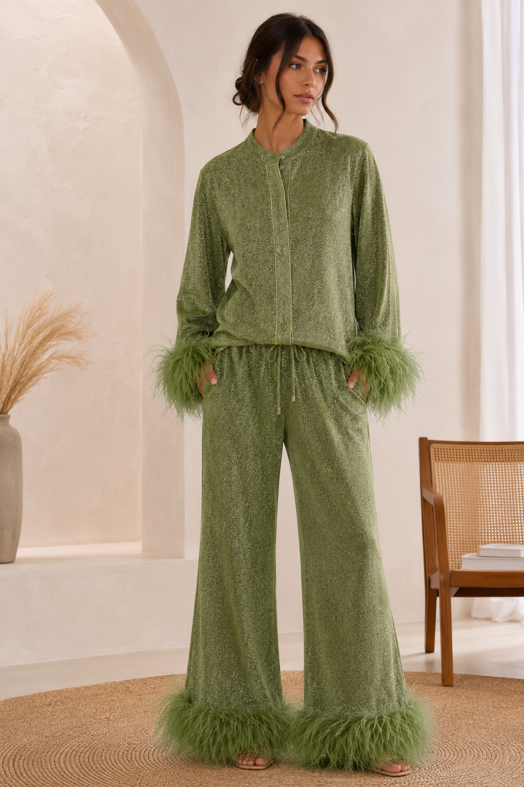 Women's Feather Trim Top and Wide Trouser Set - photo 6