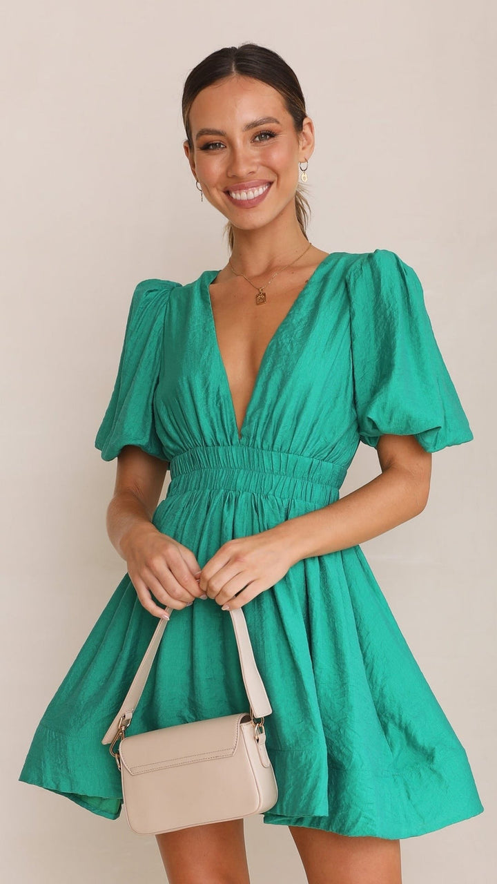 Women's Flared Mini Dress with V Neck and Ruffle Sleeves - photo 4