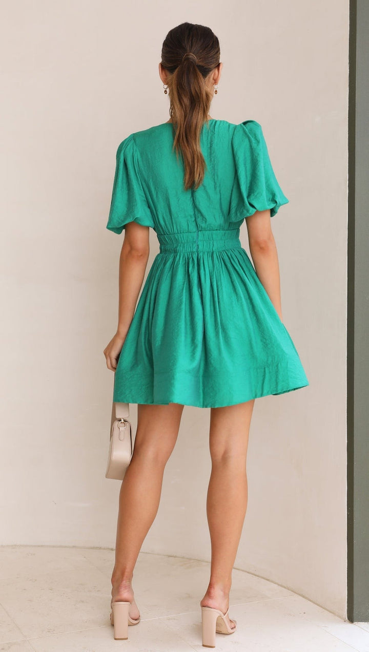 Women's Flared Mini Dress with V Neck and Ruffle Sleeves - photo 8