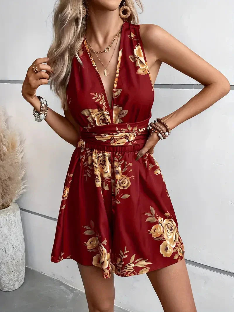 Women's Floral Double-Breasted Playsuit with a Defined Waist