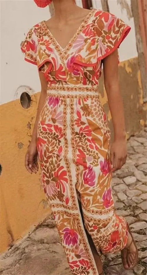 Women's Floral Maxi Dress with V-Neck and Side Slit - photo 4