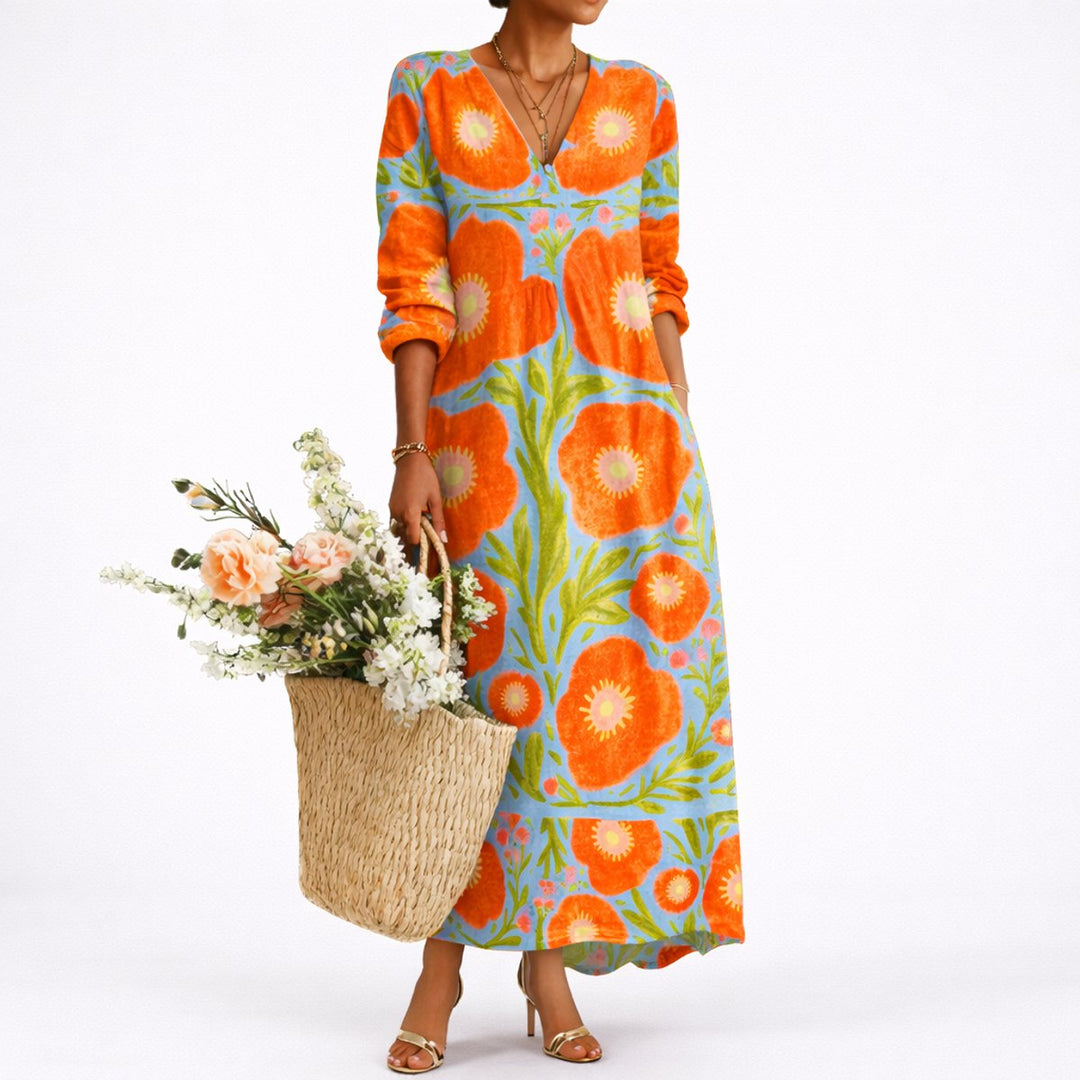 Women's Floral Maxi Wedding Guest Dress with V-Neck and Long Sleeves