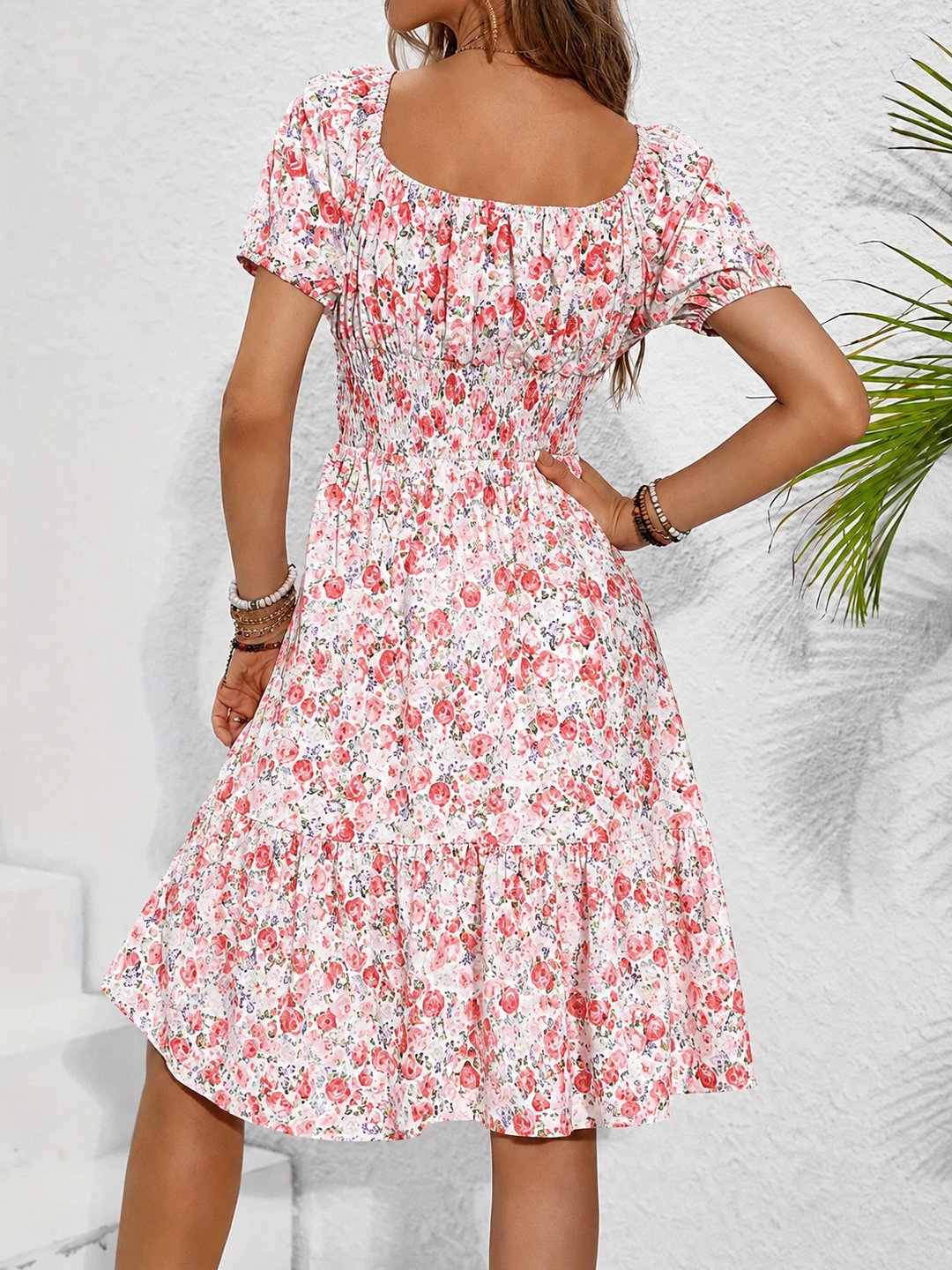 Women's Floral Shirred Dress with Puff Sleeves - photo 2