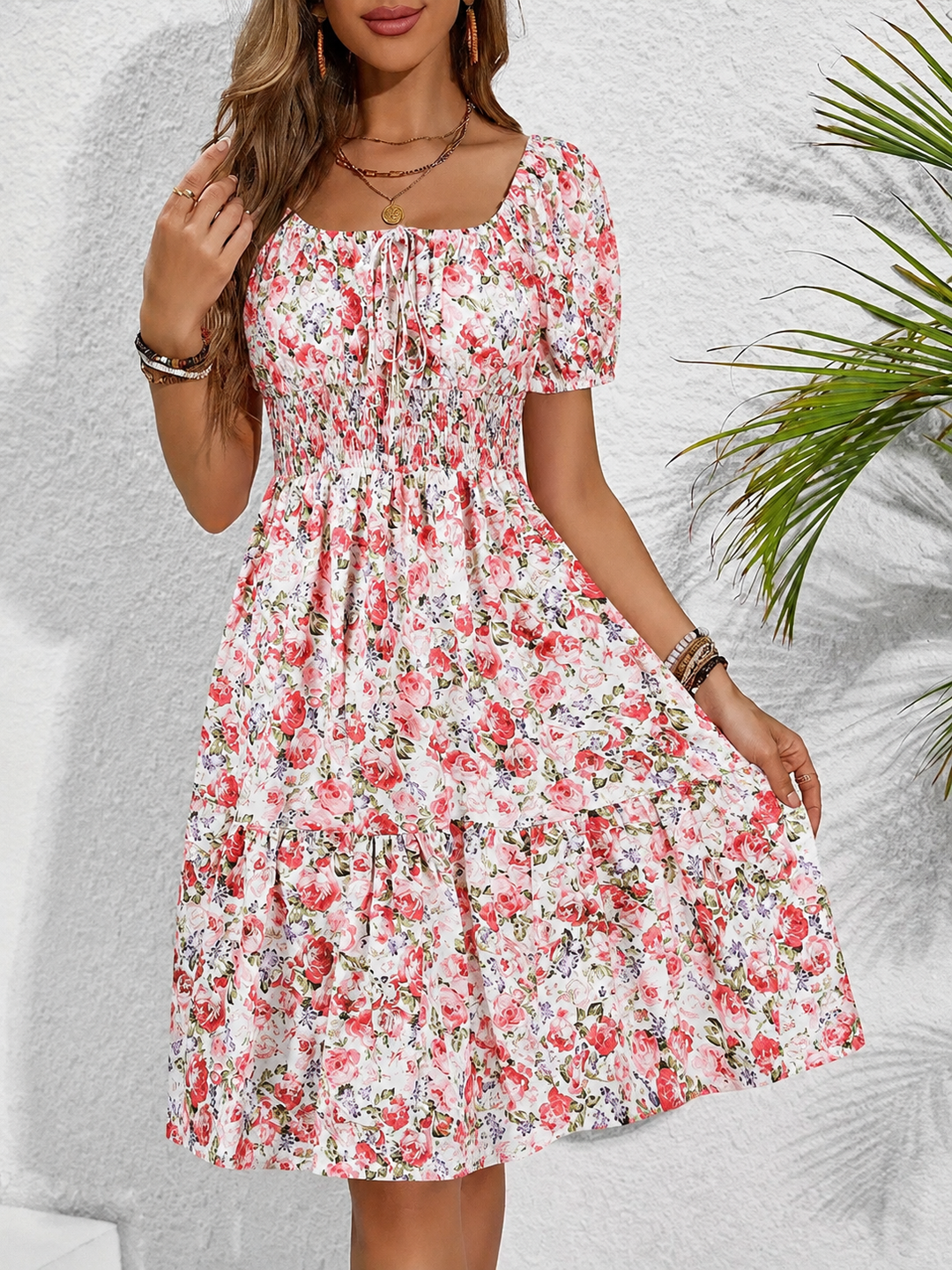 Women's Floral Shirred Dress with Puff Sleeves - photo 4