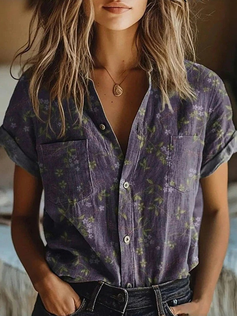 Women's Floral Vintage Blouse with a Notched Collar
