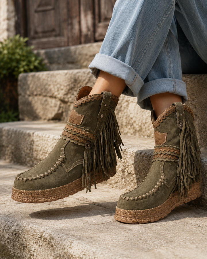 Women's Fringed Ankle Boots with Woven Detail - photo 1