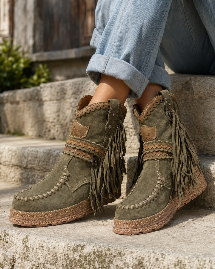 Women's Fringed Ankle Boots with Woven Detail - photo 2