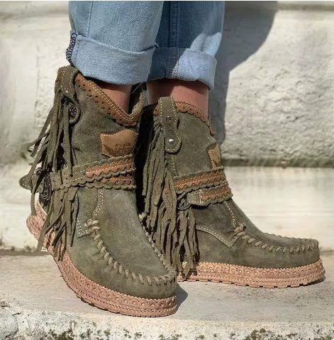 Women's Fringed Ankle Boots with Woven Detail - photo 3