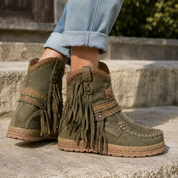 Women's Fringed Ankle Boots with Woven Detail - photo 4