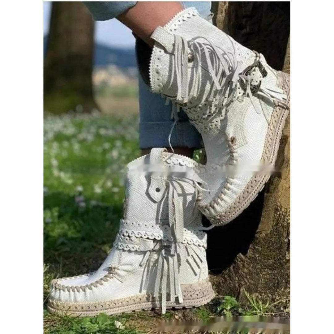 Women's Fringed Ankle Boots with Woven Detail - photo 5