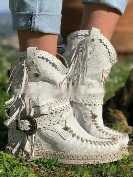 Women's Fringed Ankle Boots with Woven Detail - photo 6
