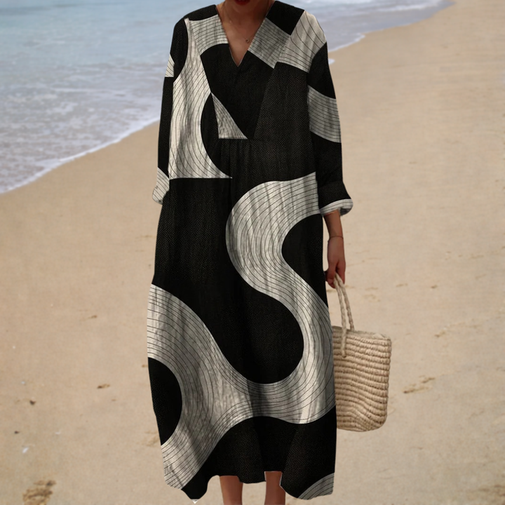 Women's Geometric Print Maxi Dress with V Neck - photo 1