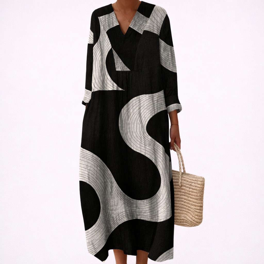 Women's Geometric Print Maxi Dress with V Neck - photo 2