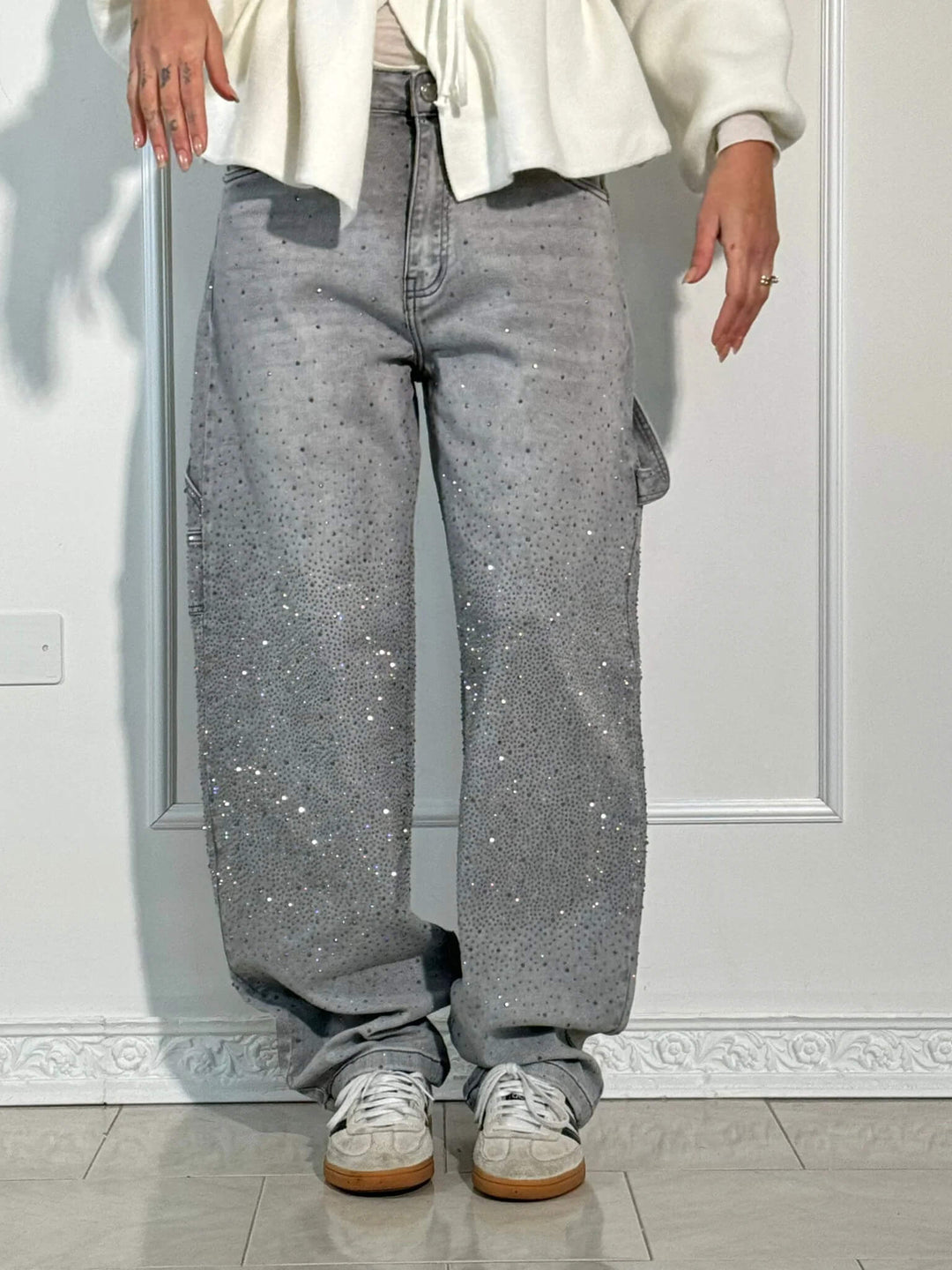 Women's High Waisted Cargo Jeans with Diamante Detail - photo 13