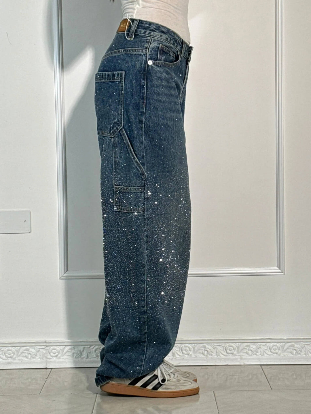 Women's High Waisted Cargo Jeans with Diamante Detail - photo 2