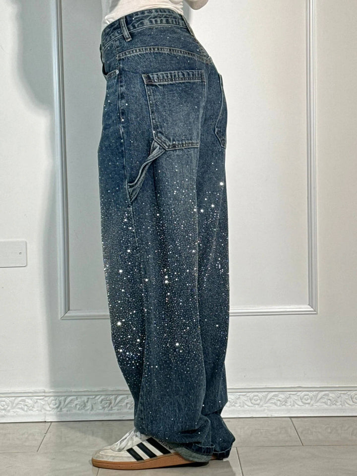 Women's High Waisted Cargo Jeans with Diamante Detail - photo 3