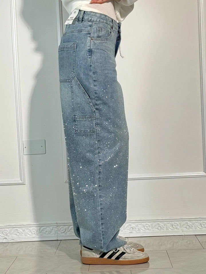 Women's High Waisted Cargo Jeans with Diamante Detail - photo 8