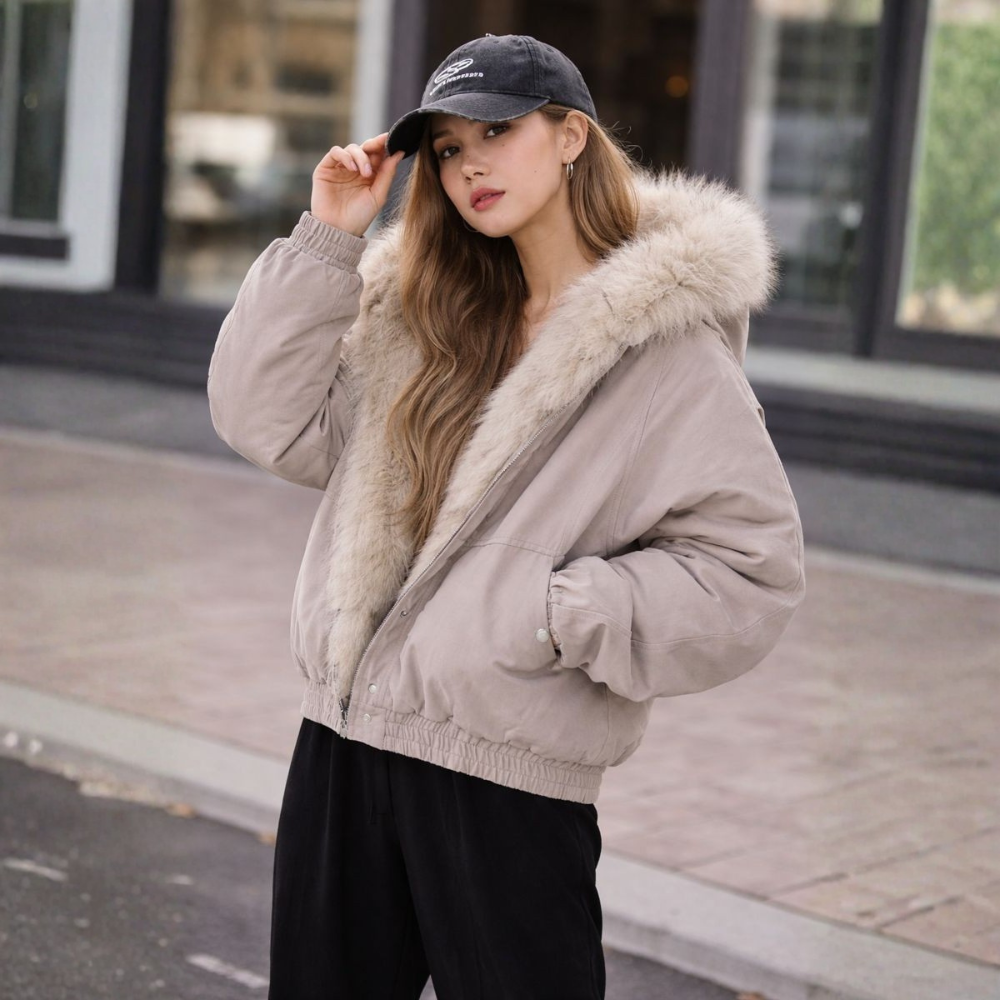 Women's Hooded Bomber Jacket with Faux Fur Trim - photo 1