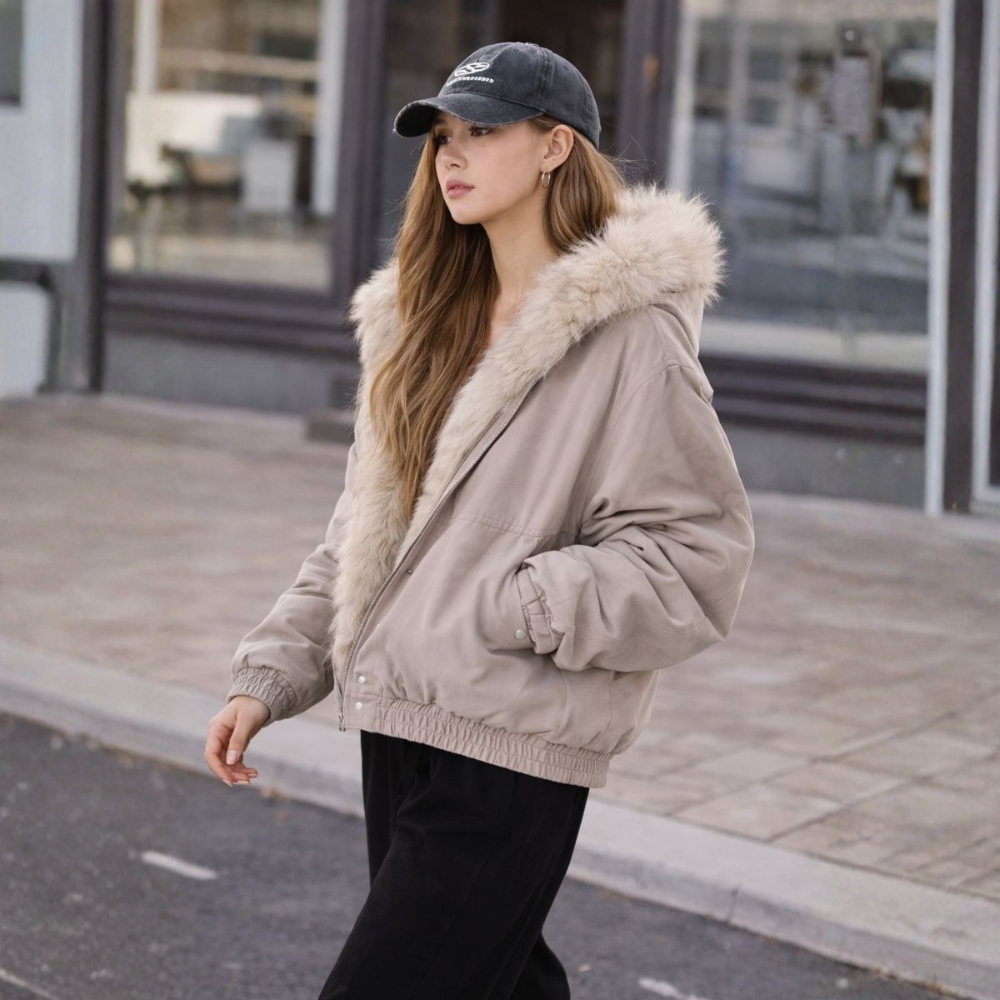 Women's Hooded Bomber Jacket with Faux Fur Trim - photo 3