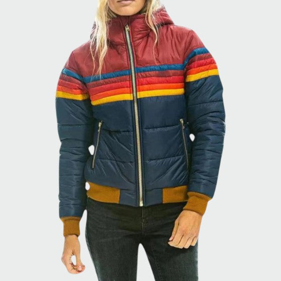 Deborah - Women's Hooded Puffer Jacket with Retro Stripe