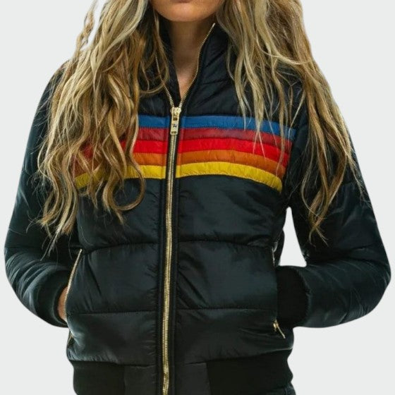 Deborah - Women's Hooded Puffer Jacket with Retro Stripe