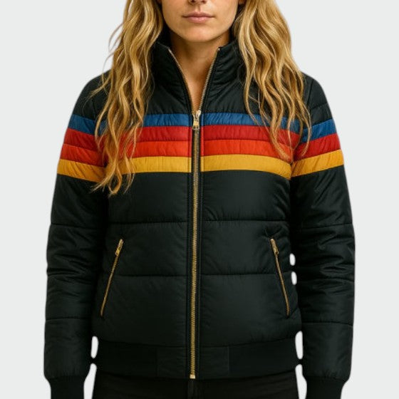 Deborah - Women's Hooded Puffer Jacket with Retro Stripe