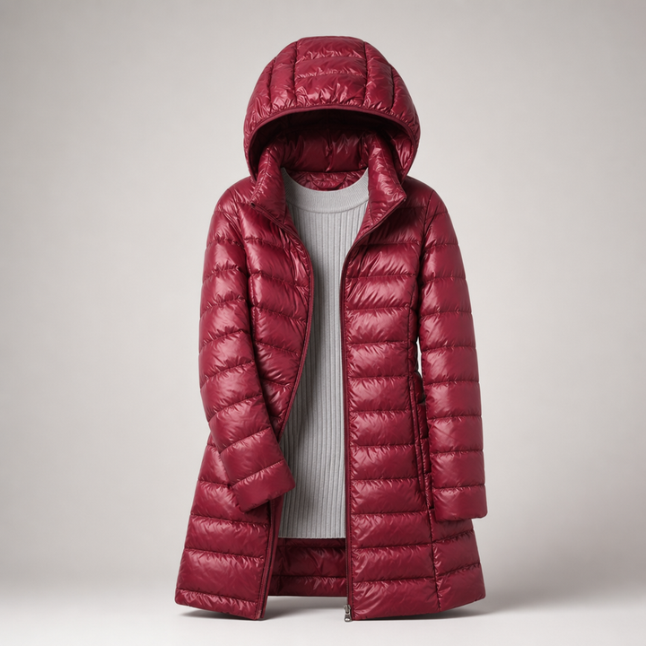 Women's Hooded Quilted Coat - Burgundy
