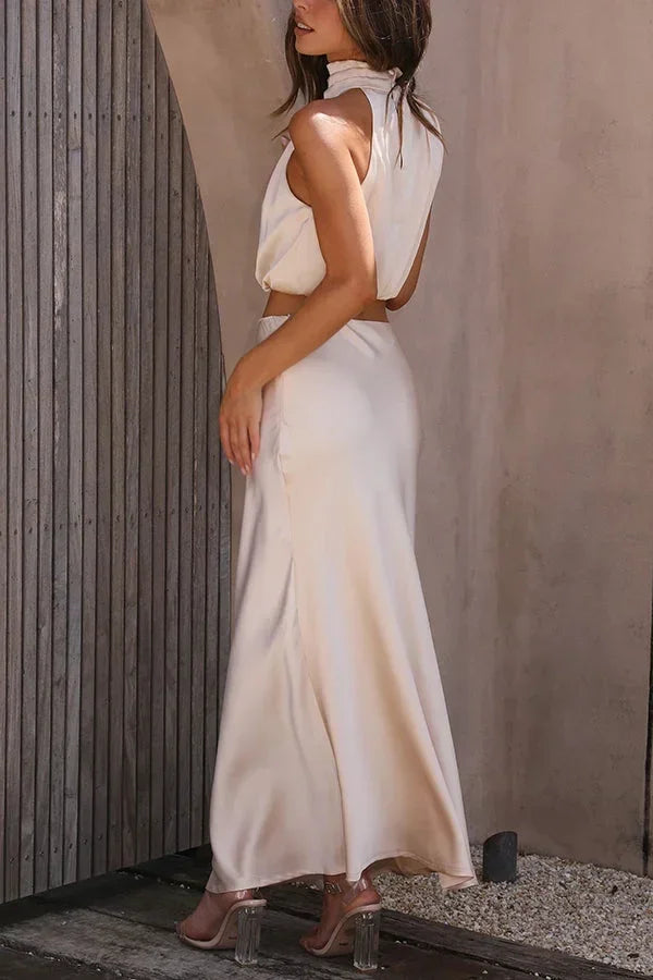 Women's Knit Skirt Set Draped Neck Top and Flowy Maxi Skirt Two Piece Outfit – view 10