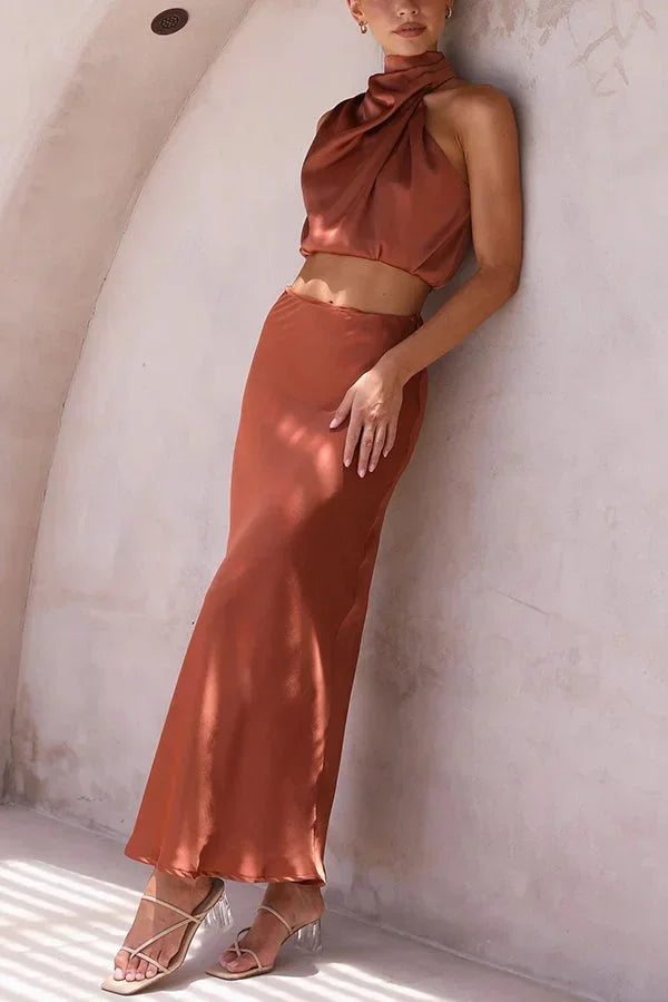 Women's Knit Skirt Set Draped Neck Top and Flowy Maxi Skirt Two Piece Outfit – view 14