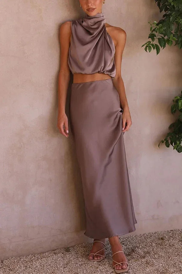 Women's Knit Skirt Set Draped Neck Top and Flowy Maxi Skirt Two Piece Outfit – view 15