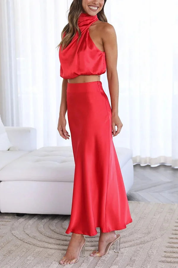 Women's Knit Skirt Set Draped Neck Top and Flowy Maxi Skirt Two Piece Outfit – view 18