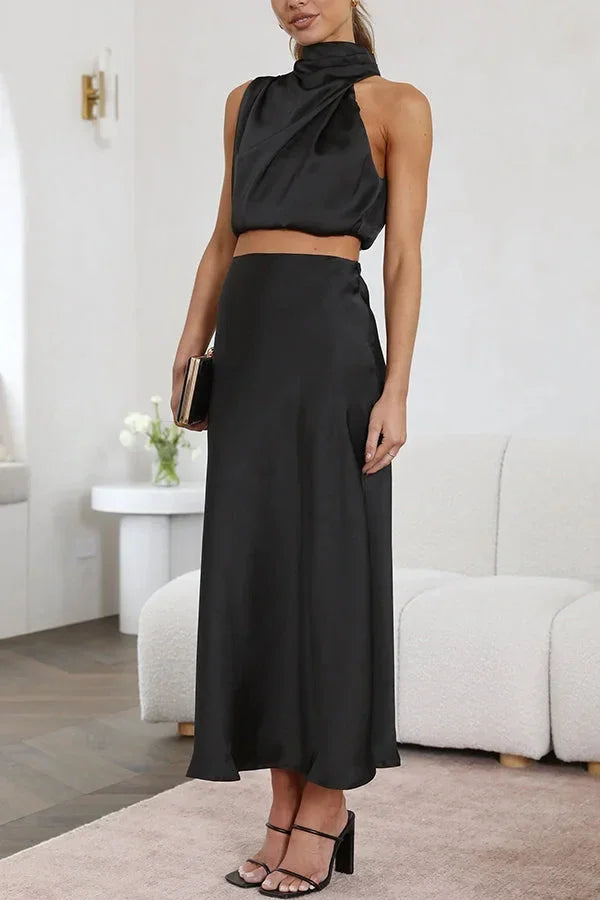 Women's Knit Skirt Set Draped Neck Top and Flowy Maxi Skirt Two Piece Outfit – view 6